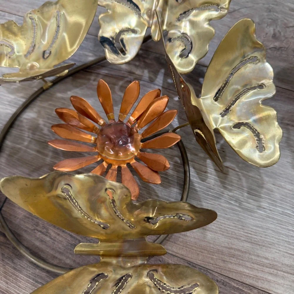 Vintage Brass Butterfly Wall Art‎ Set of 2 Copper Flowers 1970s